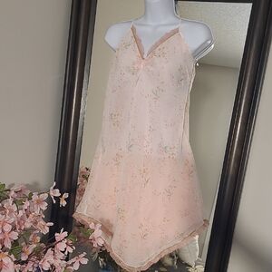 Oscar De La Renta Pink Label. Floral Pink Lace Trim Slip Dress